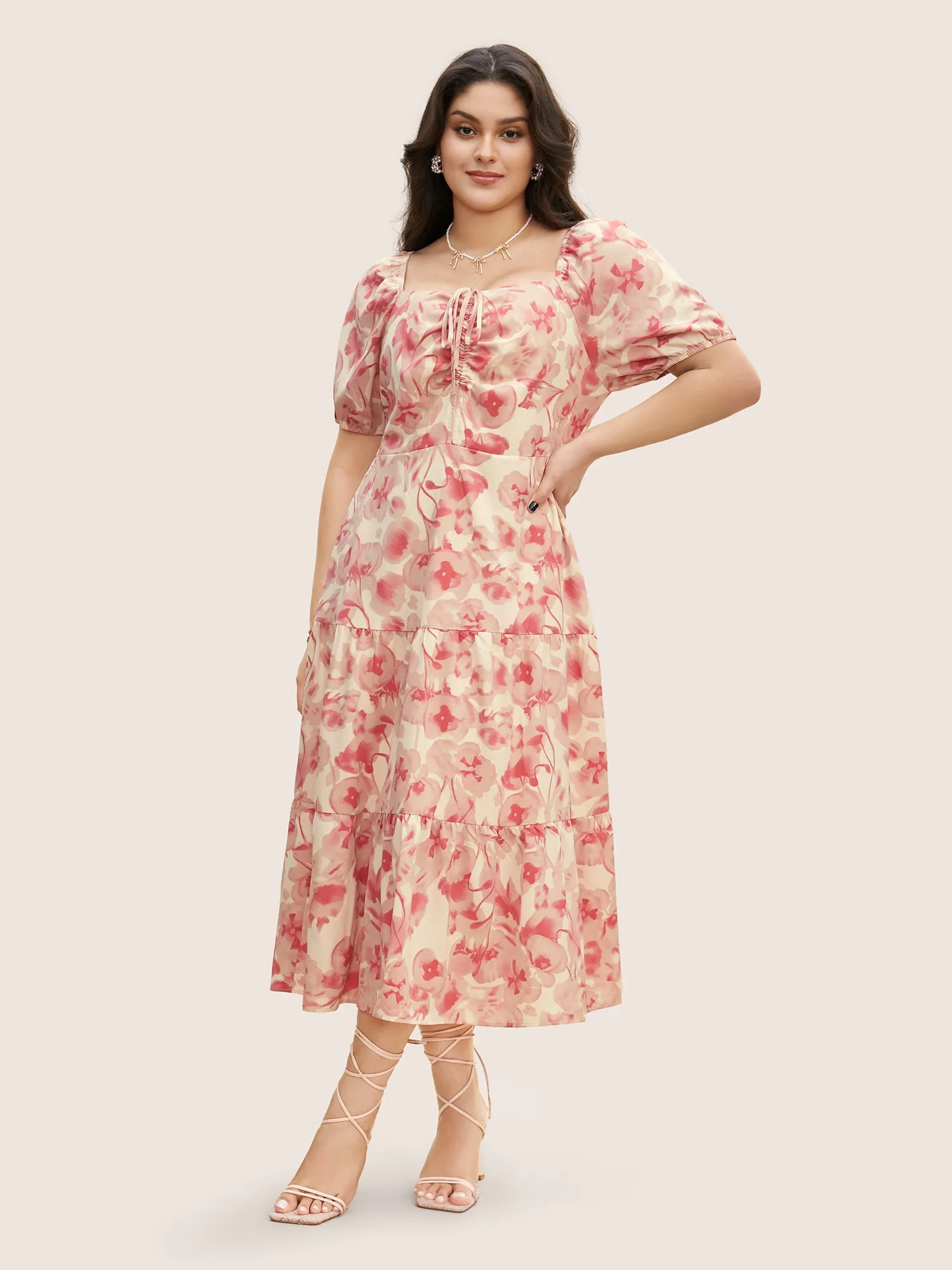 Floral Drawstring Tie Knot Puff Sleeve Midi Dress sold by Bloomchic