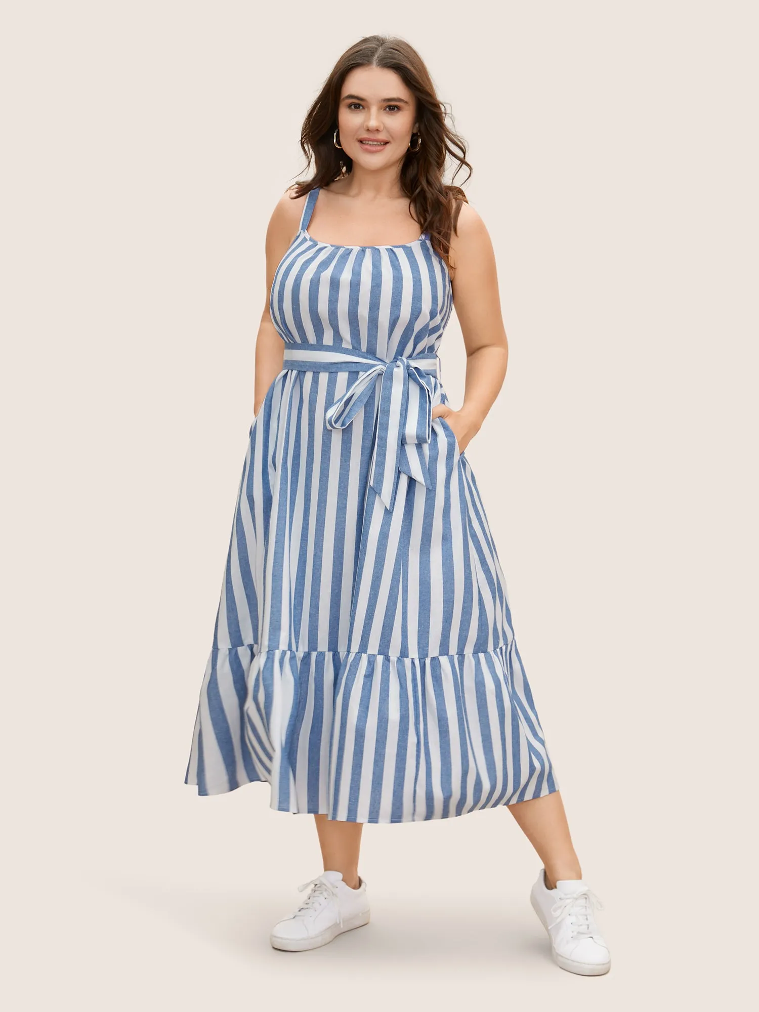 Striped Linen Blend Ruffle Layered Hem Dress sold by Bloomchic product image thumbnail 4