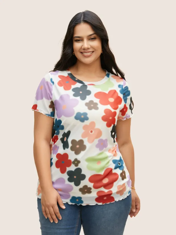 Round Neck Colored Floral Mesh T-shirt sold by Bloomchic