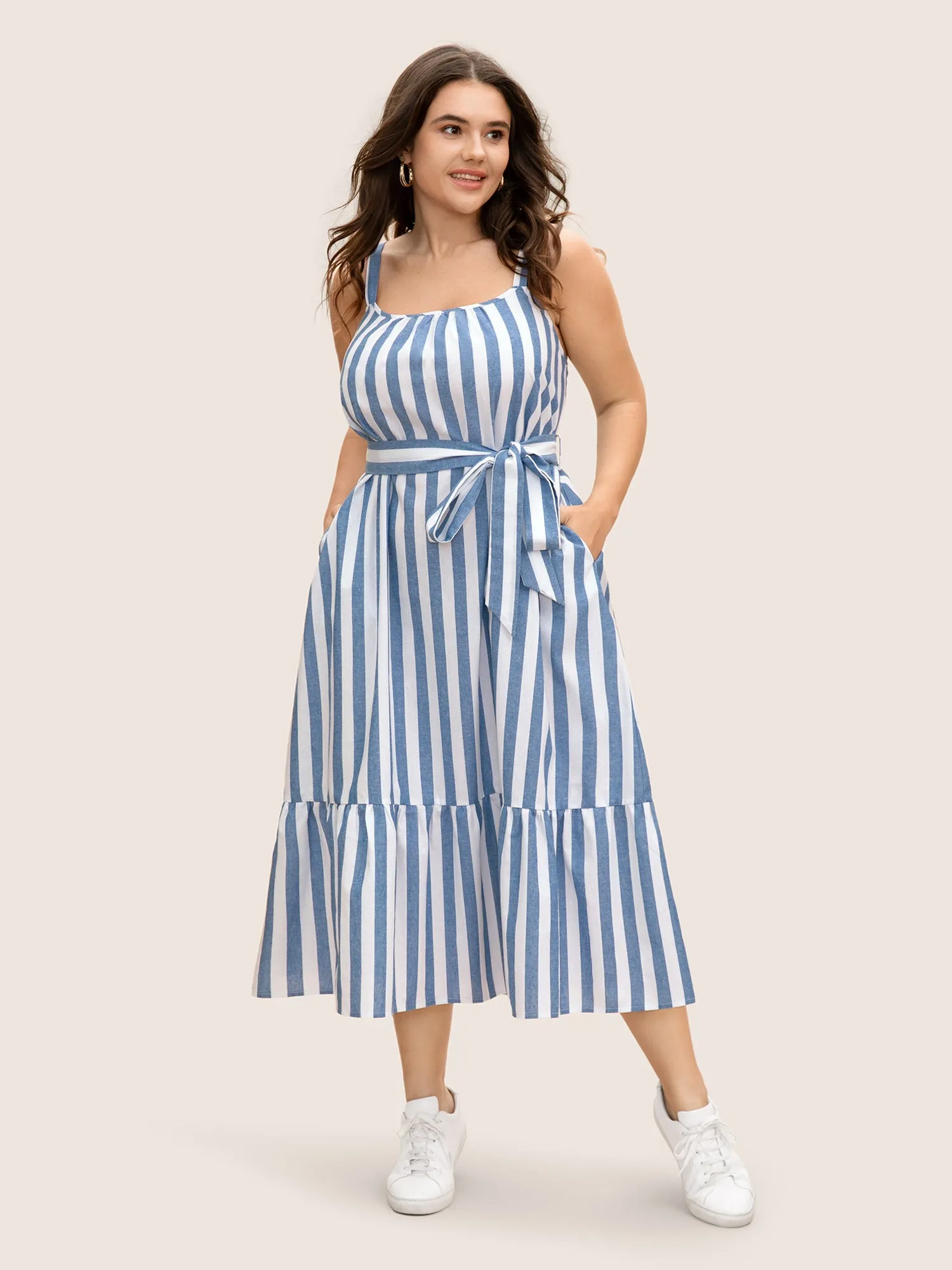 Striped Linen Blend Ruffle Layered Hem Dress sold by Bloomchic