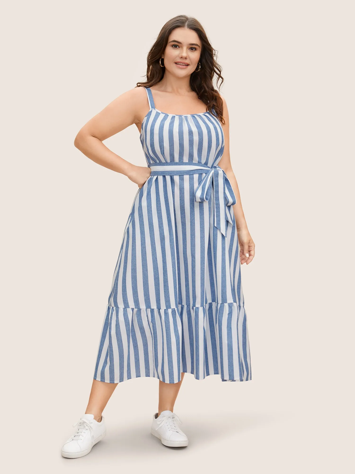 Striped Linen Blend Ruffle Layered Hem Dress sold by Bloomchic product image thumbnail 2