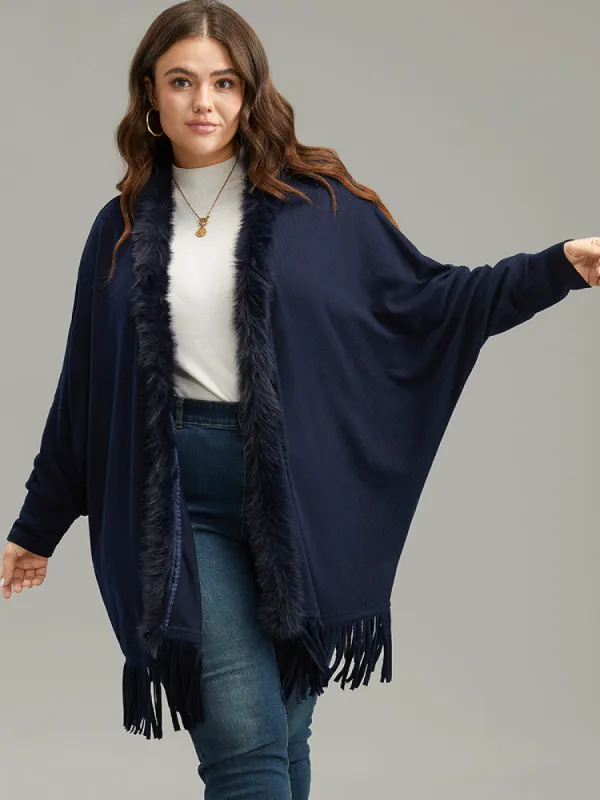 Plain Fringe Hem Fuzzy Trim Kimono sold by Bloomchic