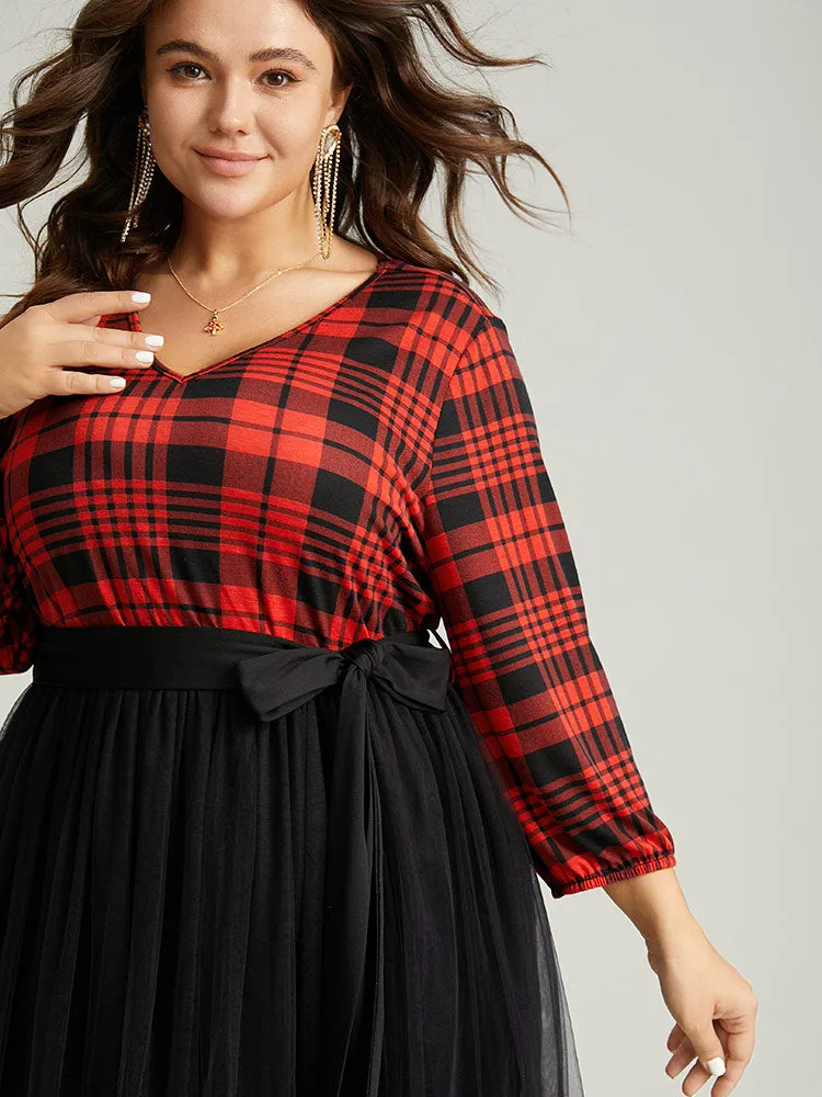 Plaid Mesh Patchwork Elastic Waist Belted Dress sold by Bloomchic product image thumbnail 5