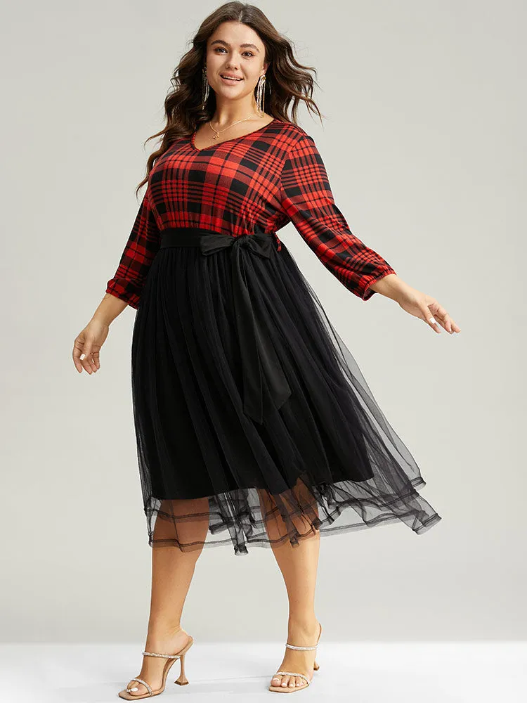 Plaid Mesh Patchwork Elastic Waist Belted Dress sold by Bloomchic product image thumbnail 2