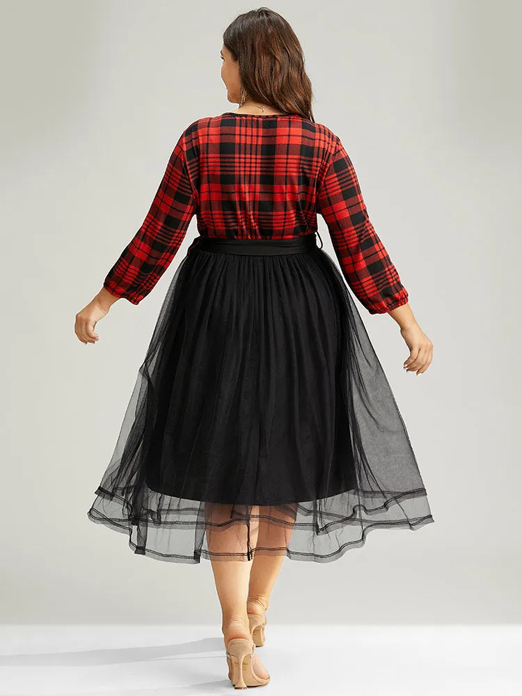 Plaid Mesh Patchwork Elastic Waist Belted Dress sold by Bloomchic product image thumbnail 3