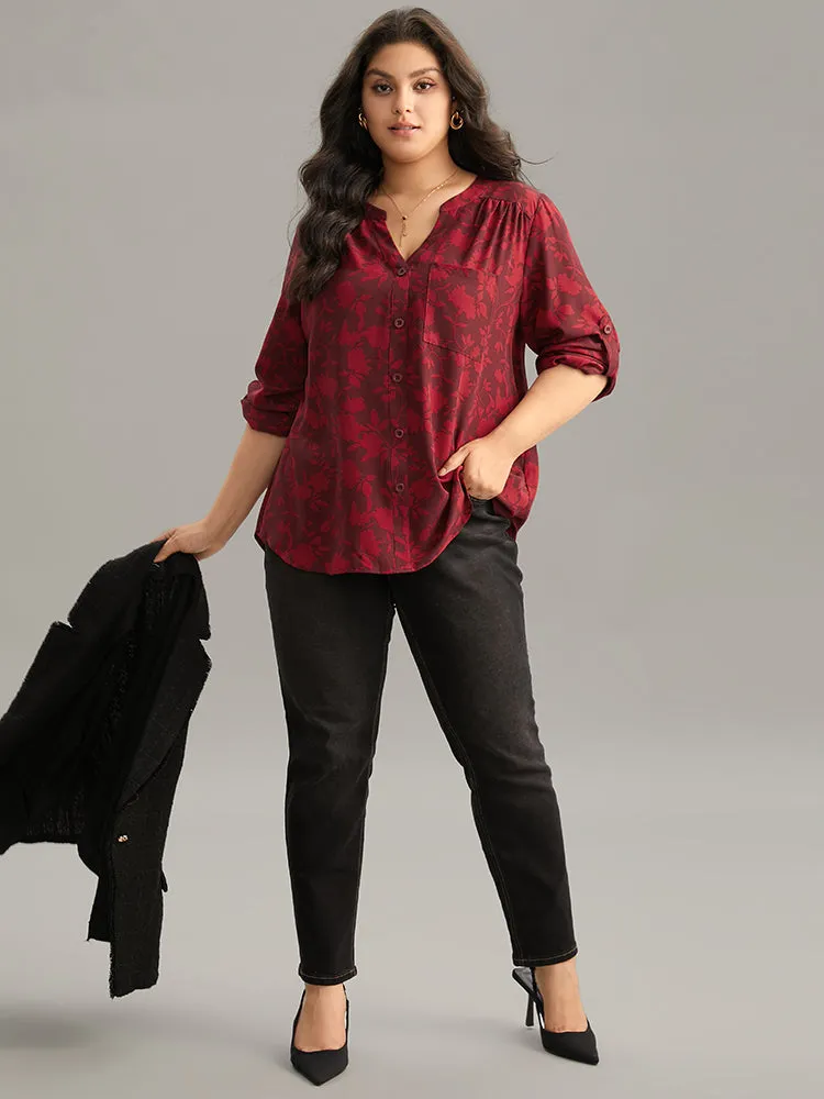 Silhouette Floral Print Gathered Tab Sleeve Blouse sold by Bloomchic product image thumbnail 3