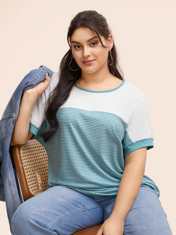 Round Neck Striped Patchwork Contrast T-shirt sold by Bloomchic