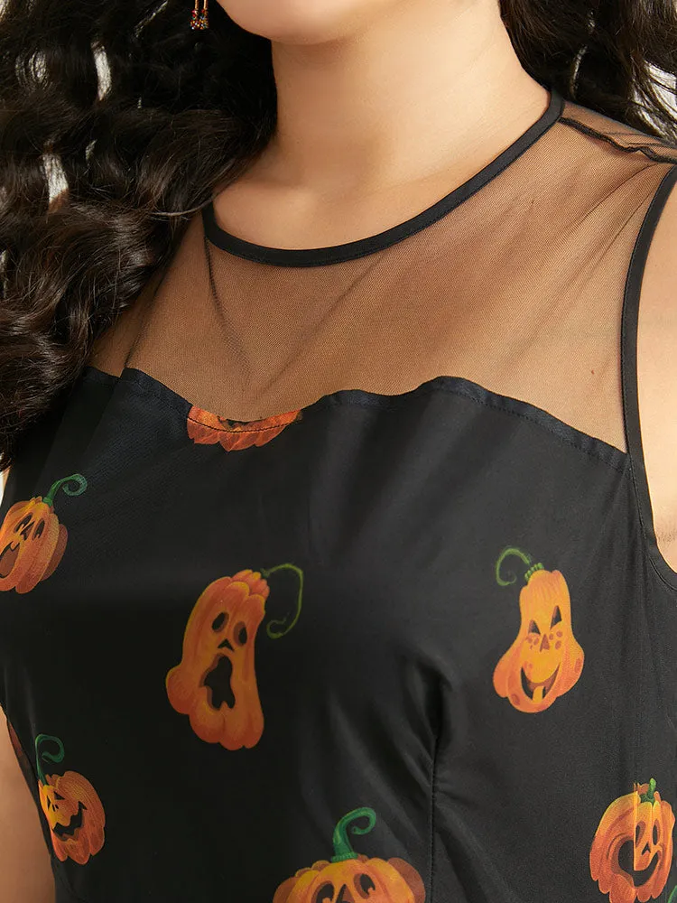 Halloween Pumpkin Print Mesh Patchwork Tank Dress sold by Bloomchic product image thumbnail 5
