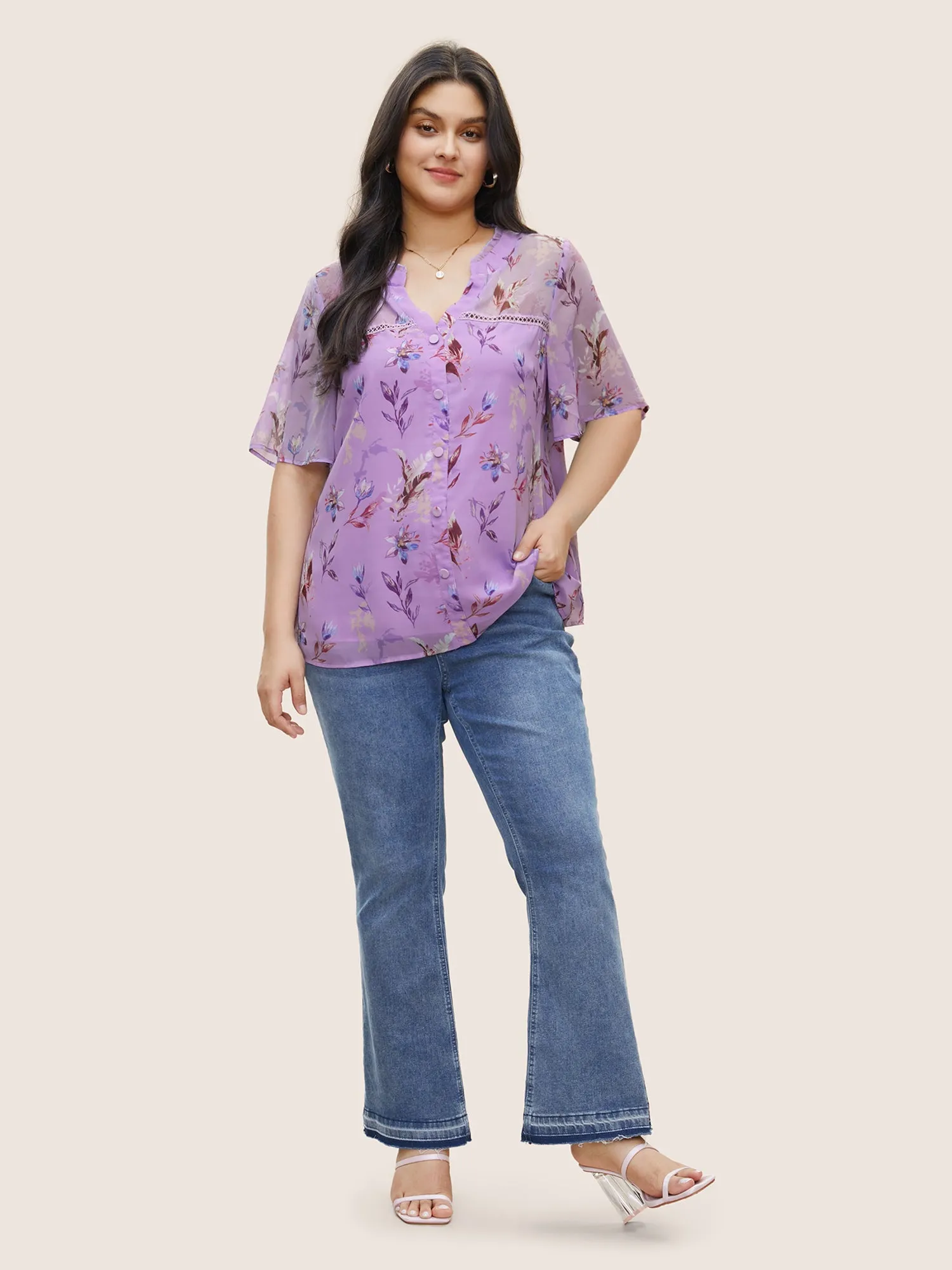 Plants Guipure Lace Button Detail Mesh Blouse sold by Bloomchic product image thumbnail 3