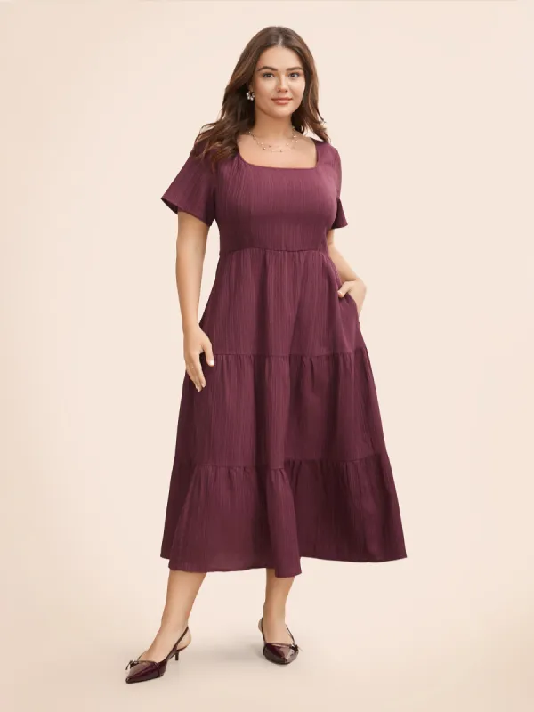 Square Neck Texture Ruffle Layered Hem Dress sold by Bloomchic