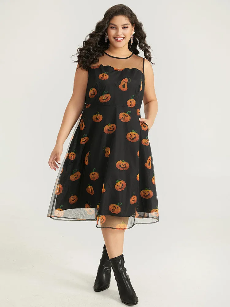Halloween Pumpkin Print Mesh Patchwork Tank Dress sold by Bloomchic product image thumbnail 3