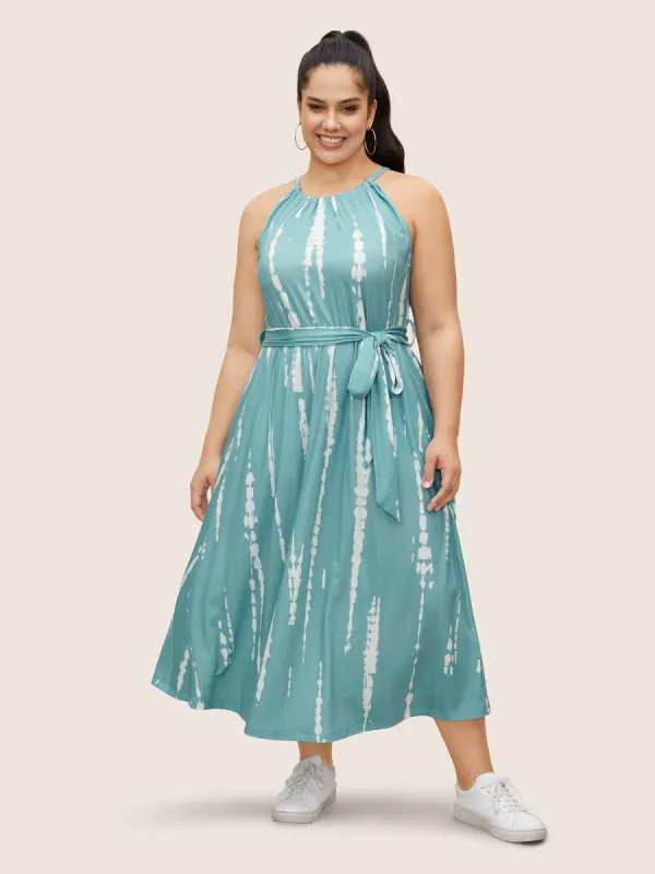 Tie Dye Halter Neck Belted Gathered Dress sold by Bloomchic