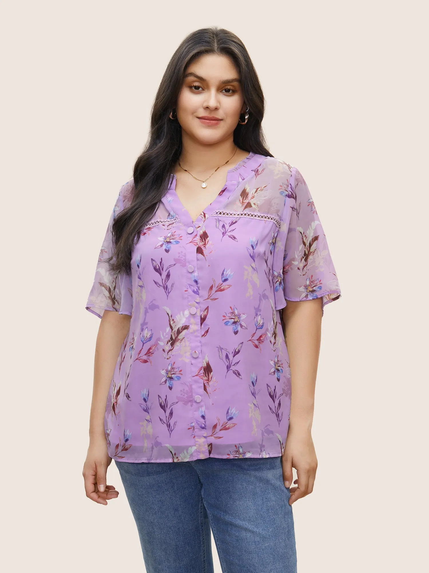 Plants Guipure Lace Button Detail Mesh Blouse sold by Bloomchic