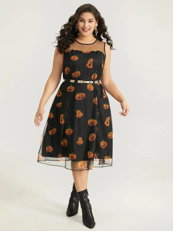Halloween Pumpkin Print Mesh Patchwork Tank Dress sold by Bloomchic