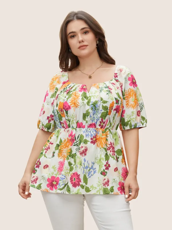 Floral Notched Collar Lantern Sleeve Blouse sold by Bloomchic