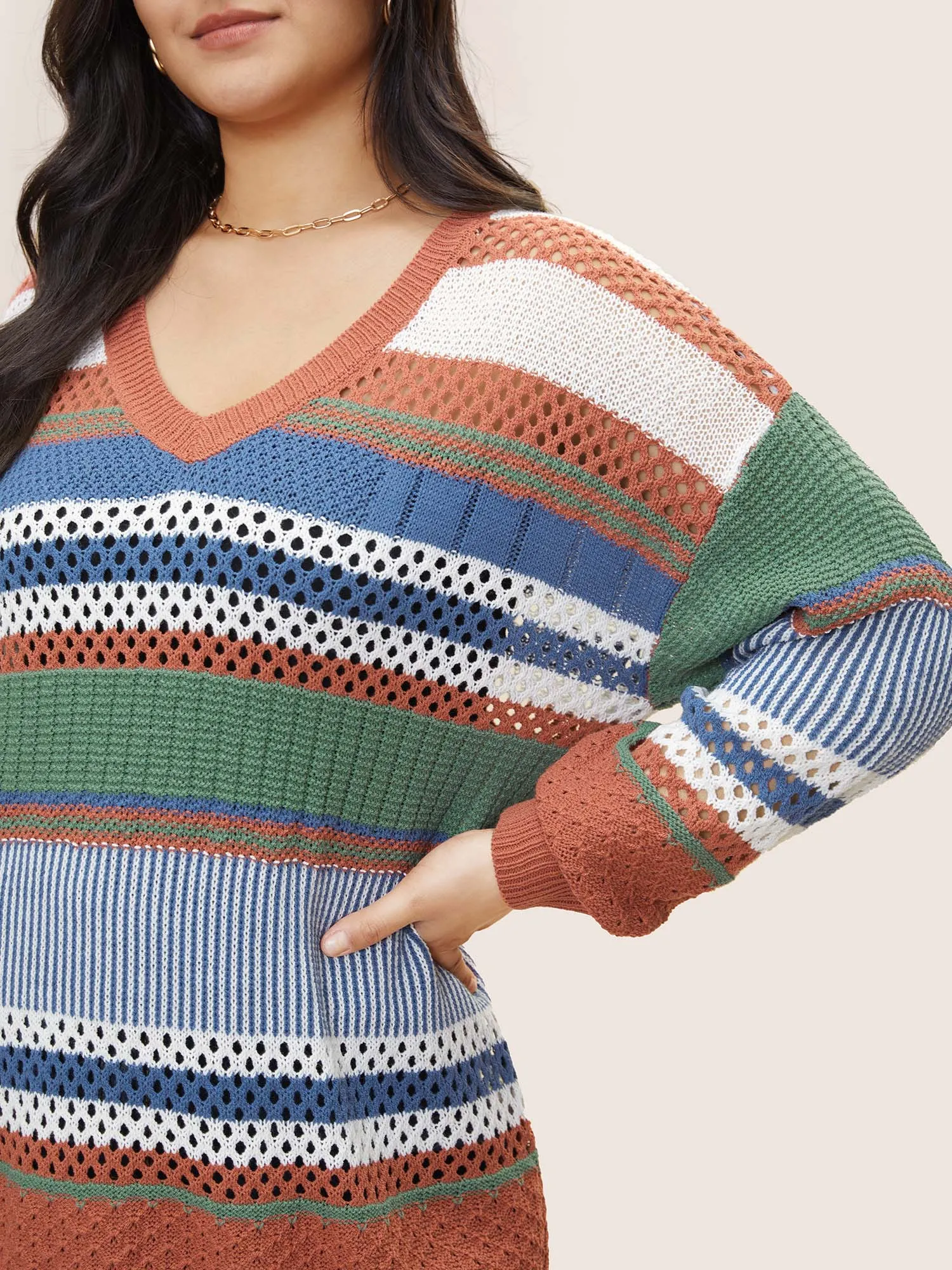 Colorblock Contrast Pointelle Knit Pullover sold by Bloomchic product image thumbnail 4