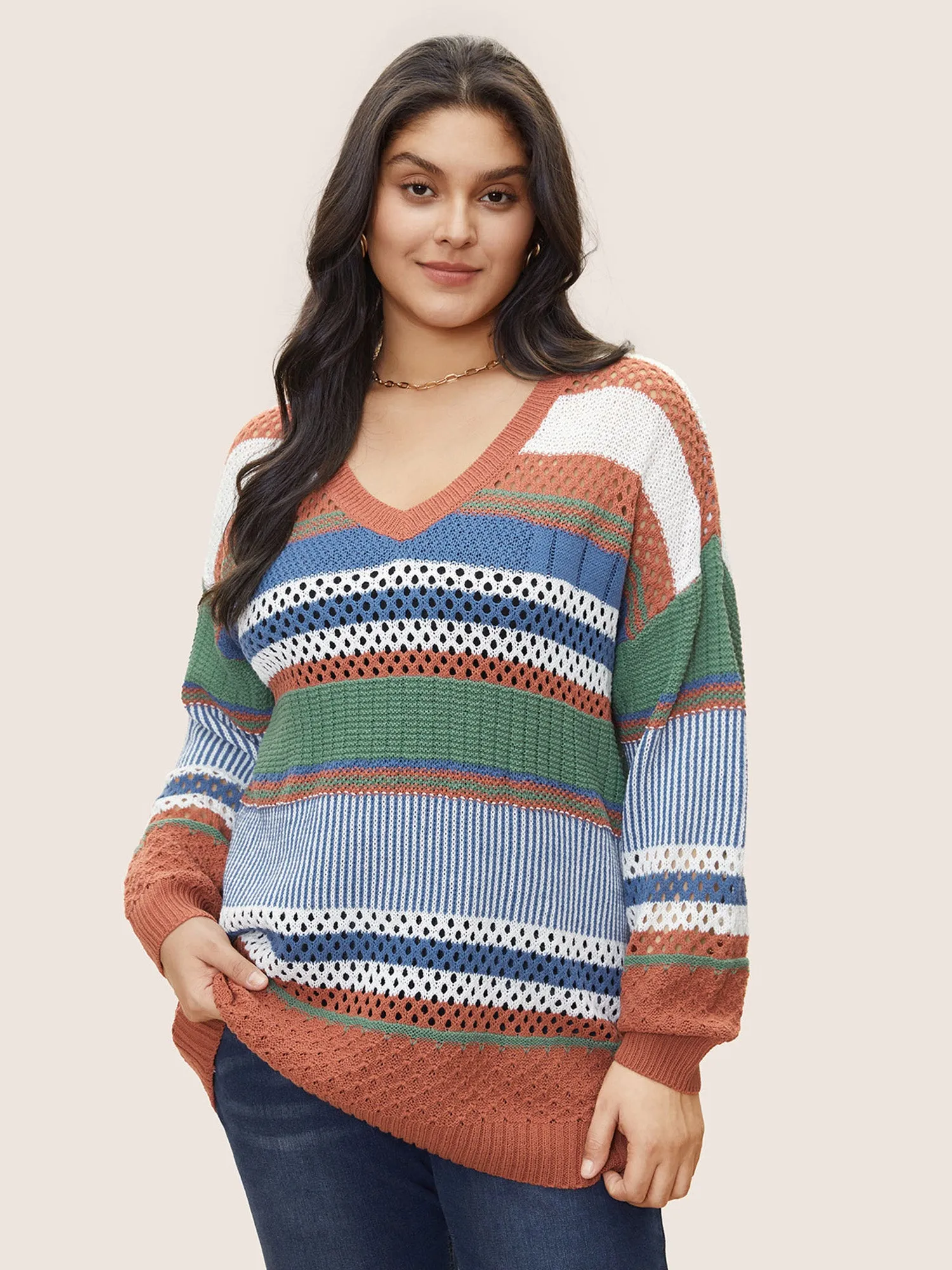 Colorblock Contrast Pointelle Knit Pullover sold by Bloomchic