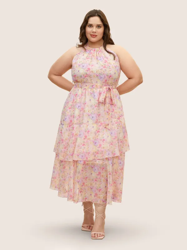 Halter Floral Belted Layered Hem Dress sold by Bloomchic