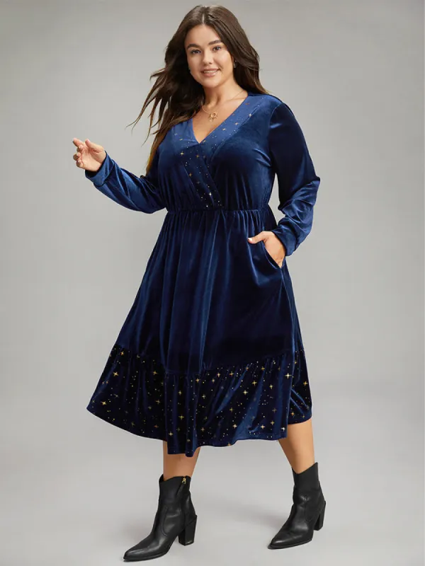 Star Glitter Velvet Wrap Patchwork Dress sold by Bloomchic