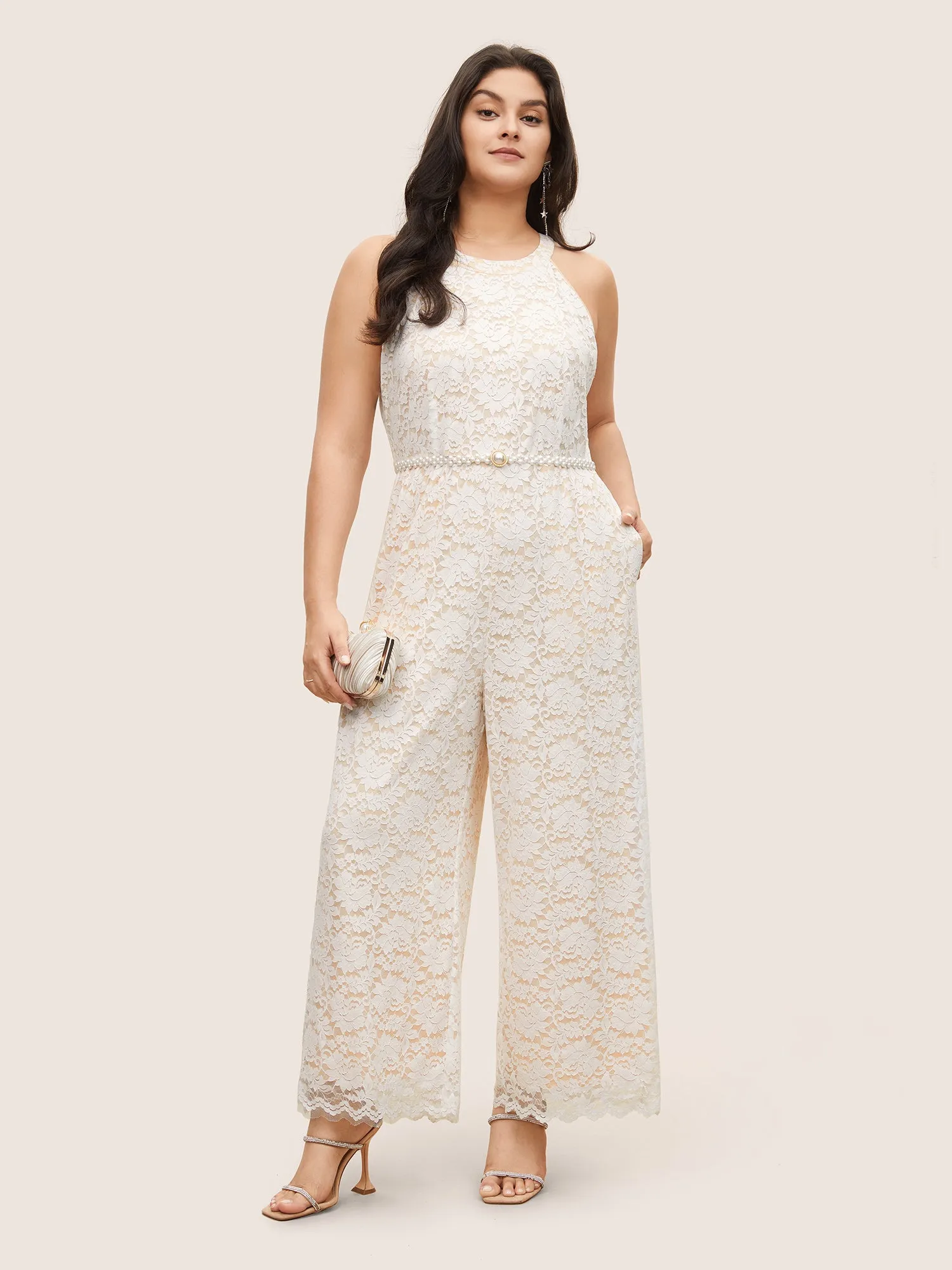 Plain Lace Plisse Halter Pocket Jumpsuit sold by Bloomchic