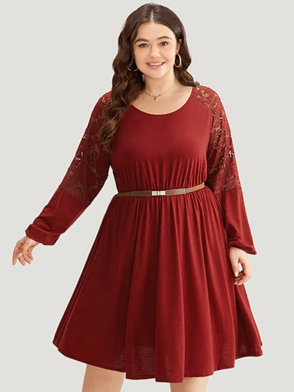 Plain Pocket Lace Panel Lantern Sleeve Dress sold by Bloomchic