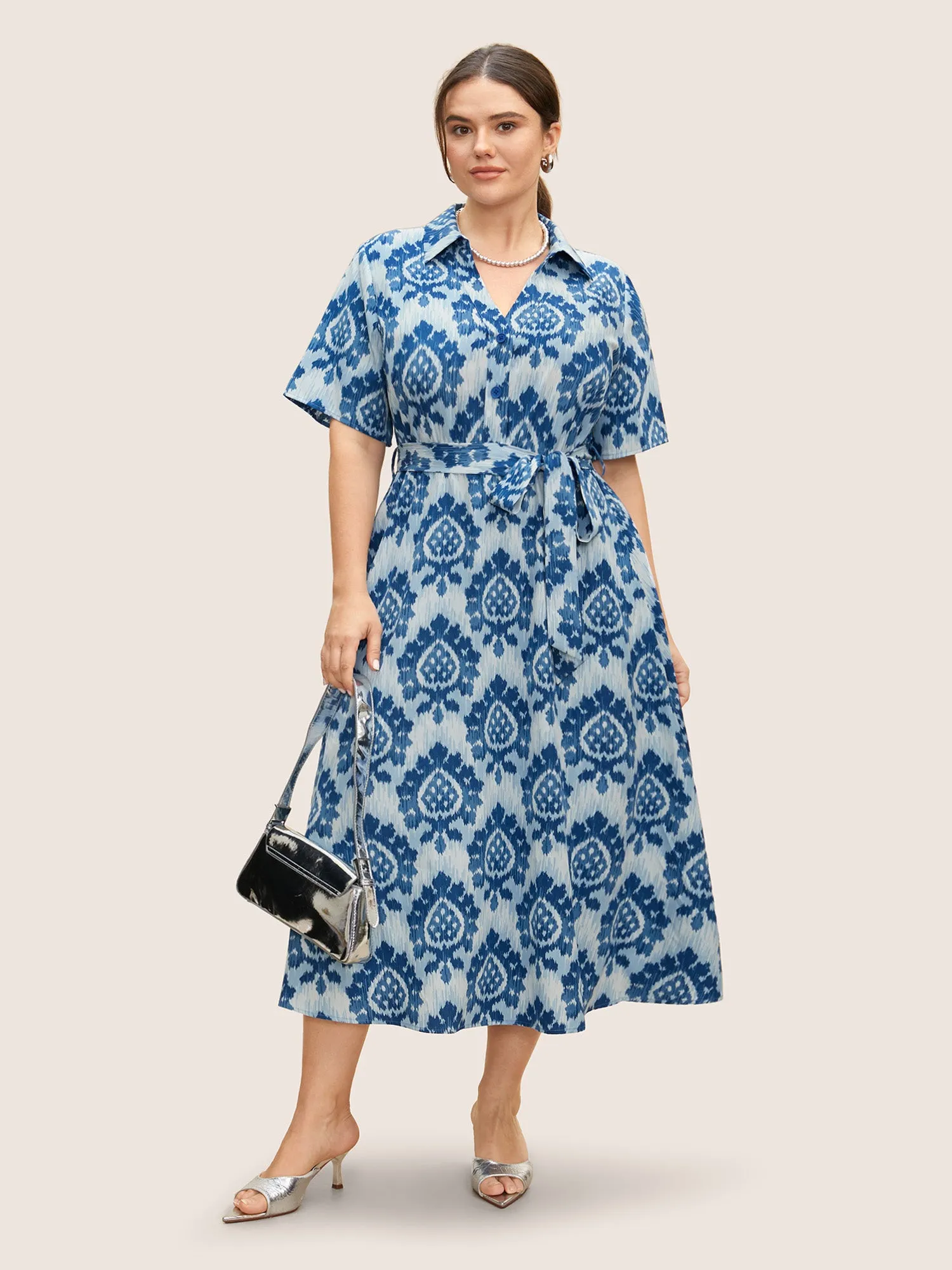 Bandana Print Shirt Collar Belted Midi Dress sold by Bloomchic