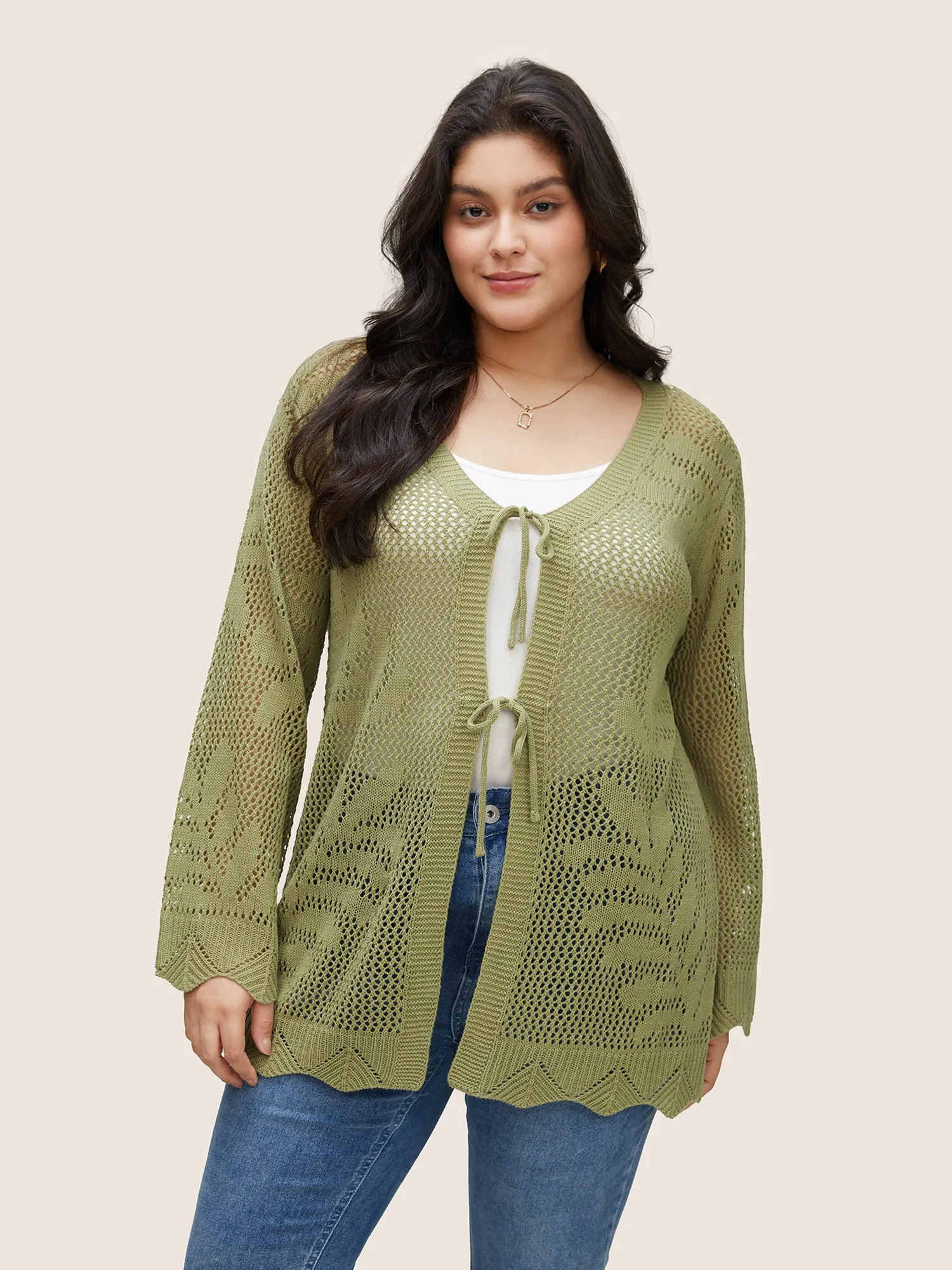 Plants Hollow Out Ties Scalloped Trim Cardigan sold by Bloomchic product image thumbnail 5