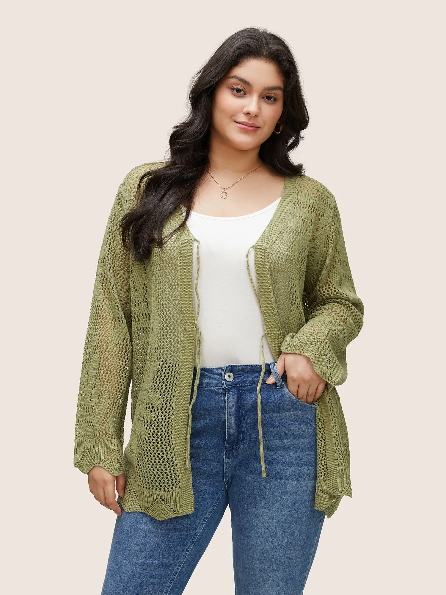 Plants Hollow Out Ties Scalloped Trim Cardigan sold by Bloomchic product image thumbnail 3