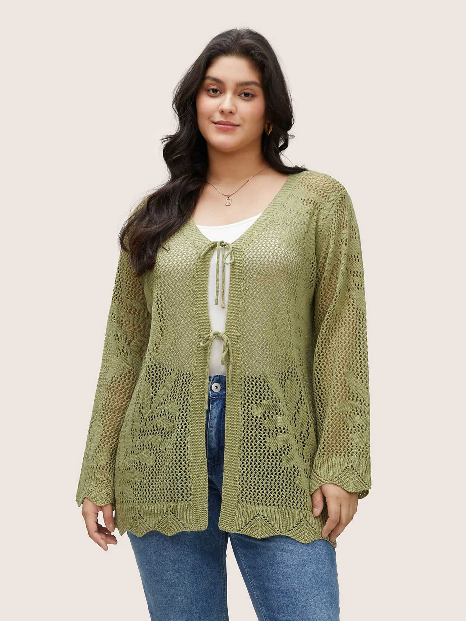 Plants Hollow Out Ties Scalloped Trim Cardigan sold by Bloomchic