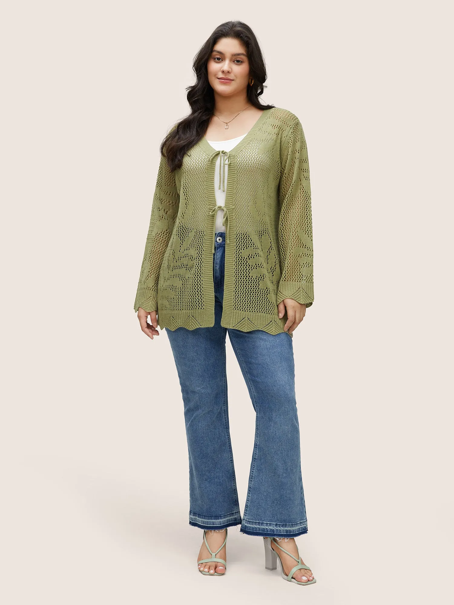 Plants Hollow Out Ties Scalloped Trim Cardigan sold by Bloomchic product image thumbnail 4