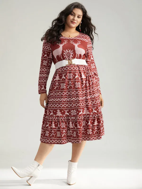Christmas Elk Gathered Ruffle Layered Hem Dress sold by Bloomchic