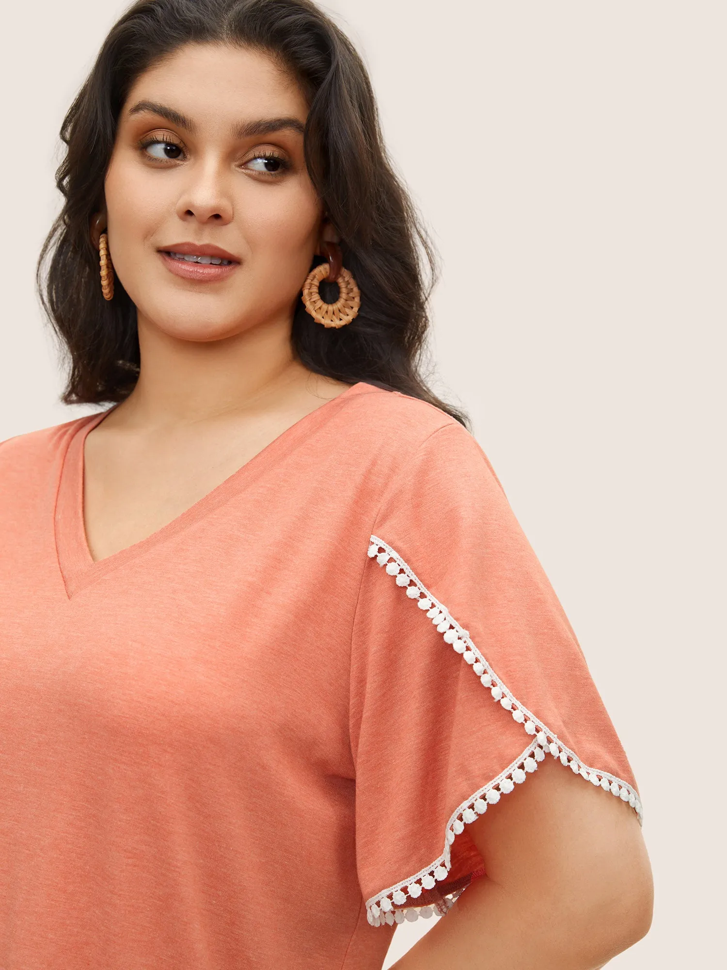 Plain Pompom Trim Petal Sleeve T-shirt sold by Bloomchic product image thumbnail 4