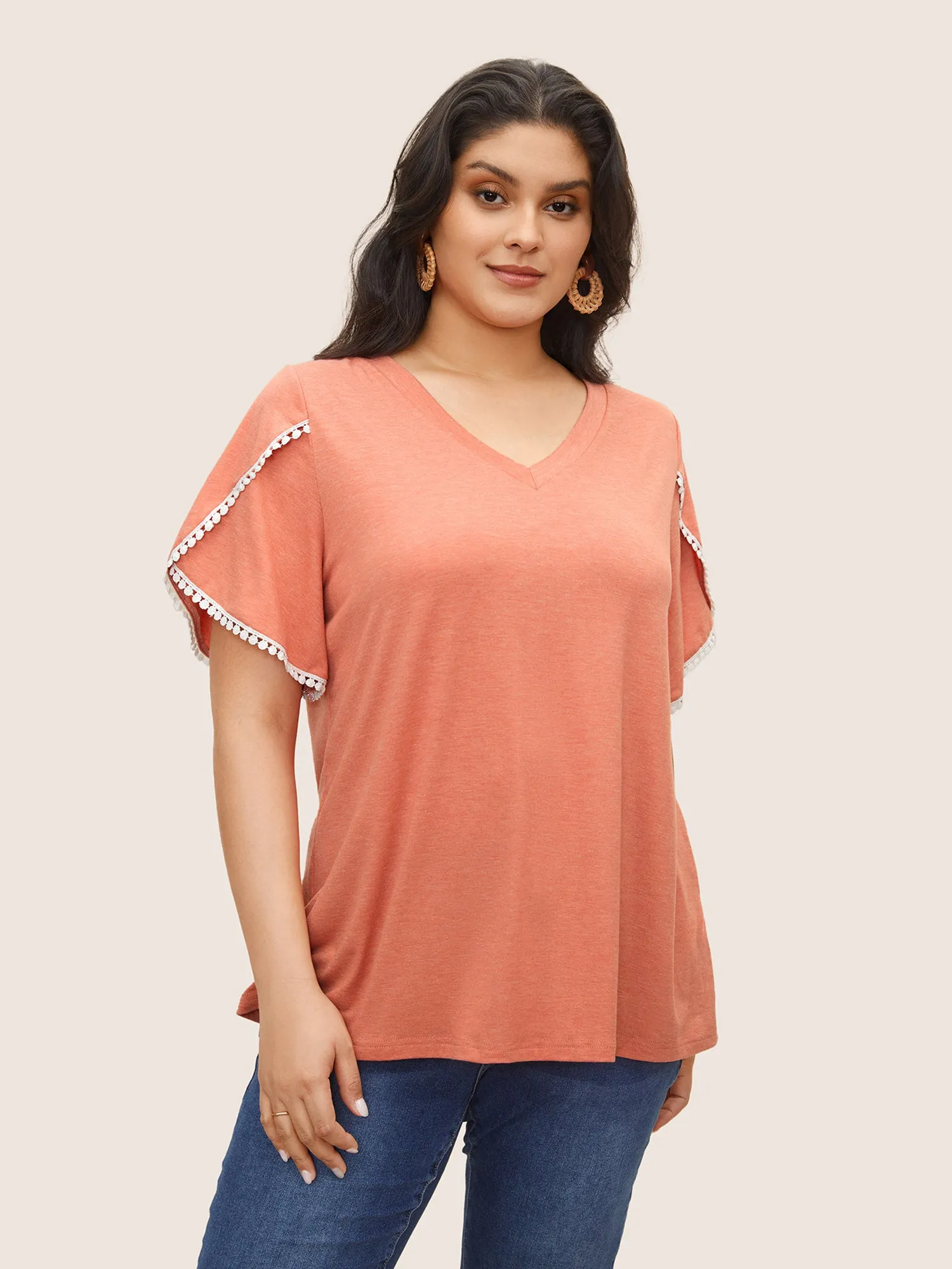 Plain Pompom Trim Petal Sleeve T-shirt sold by Bloomchic