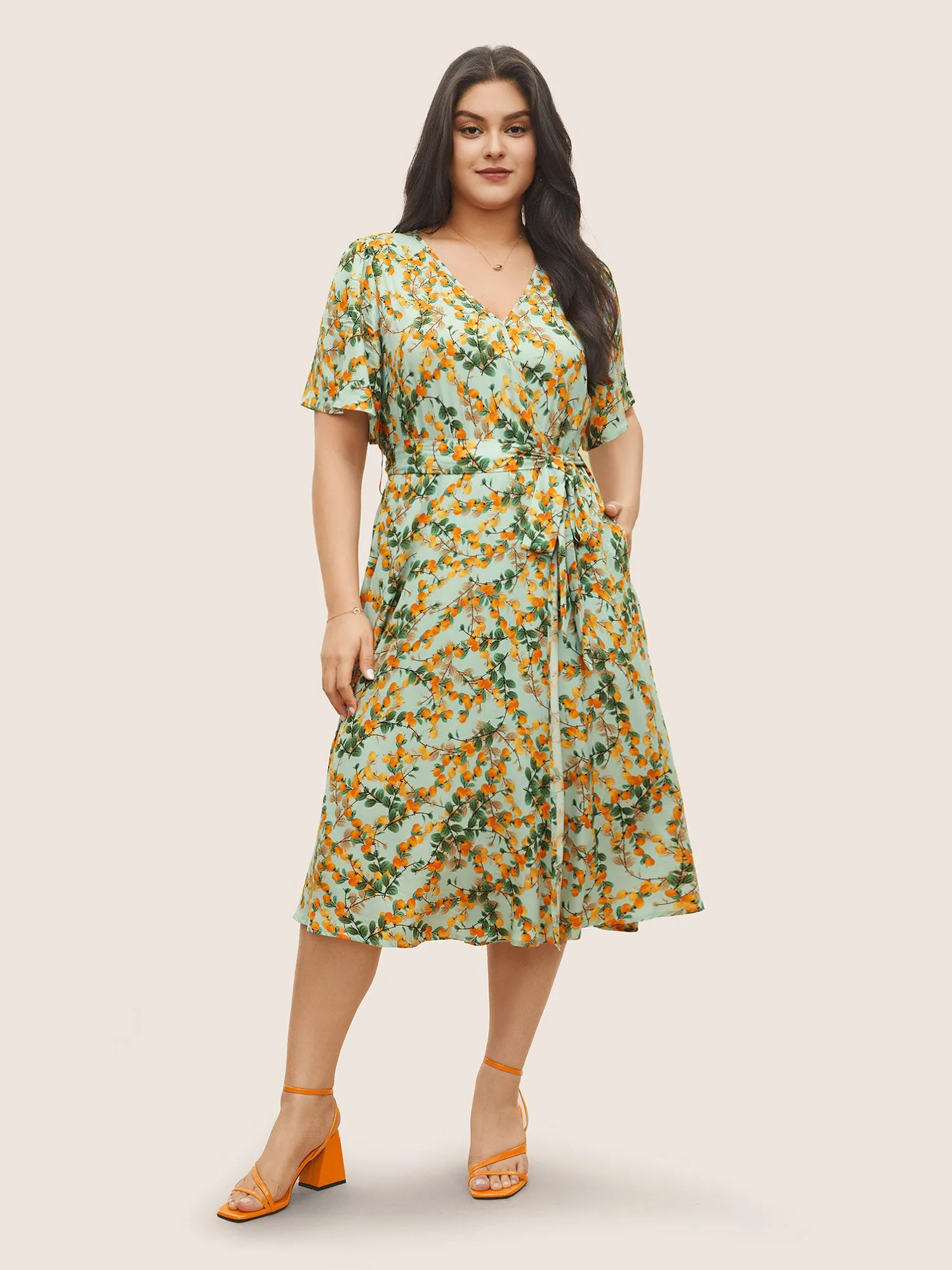 Citrus Fruit Print Belted Flutter Sleeve Wrap Dress sold by Bloomchic product image thumbnail 2