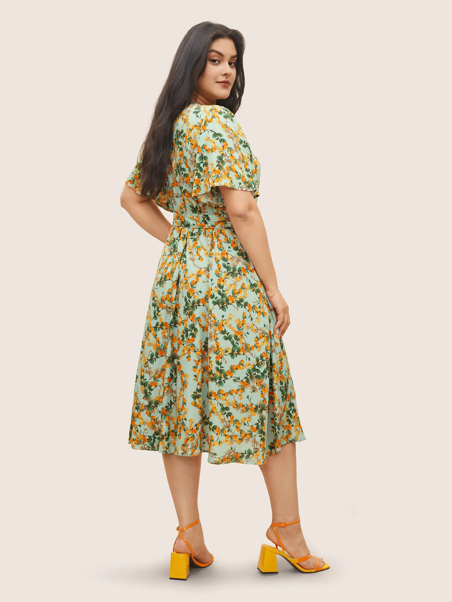 Citrus Fruit Print Belted Flutter Sleeve Wrap Dress sold by Bloomchic product image thumbnail 3