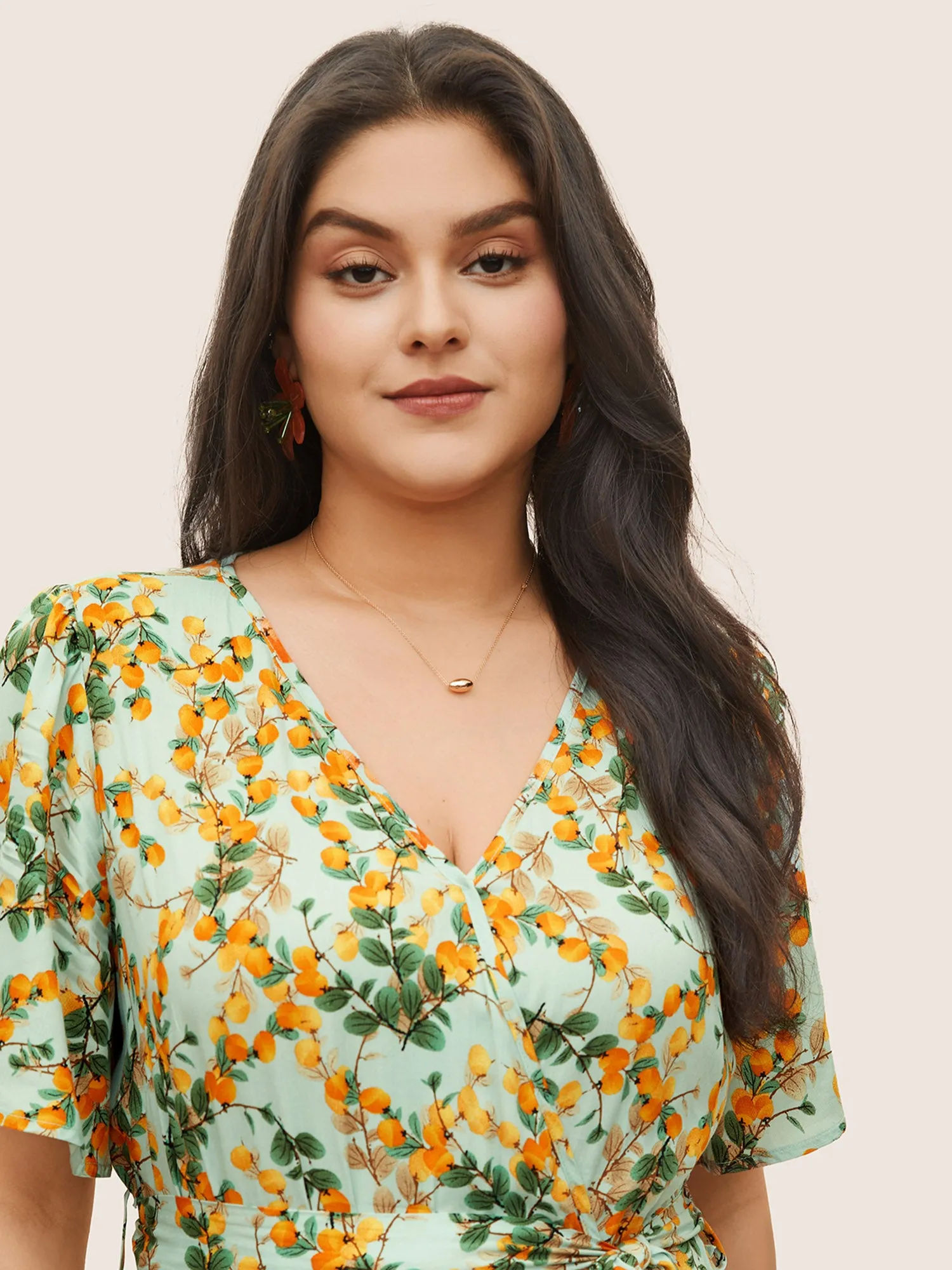 Citrus Fruit Print Belted Flutter Sleeve Wrap Dress sold by Bloomchic product image thumbnail 4