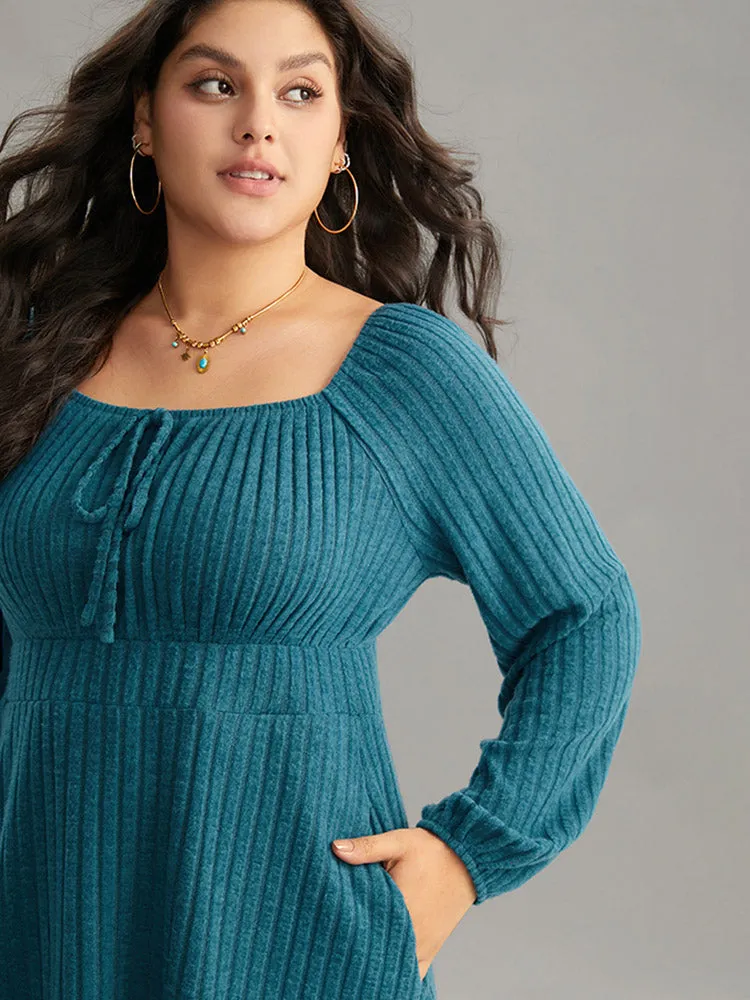 Rib Knit Ties Square Neck Lantern Sleeve Dress sold by Bloomchic product image thumbnail 4