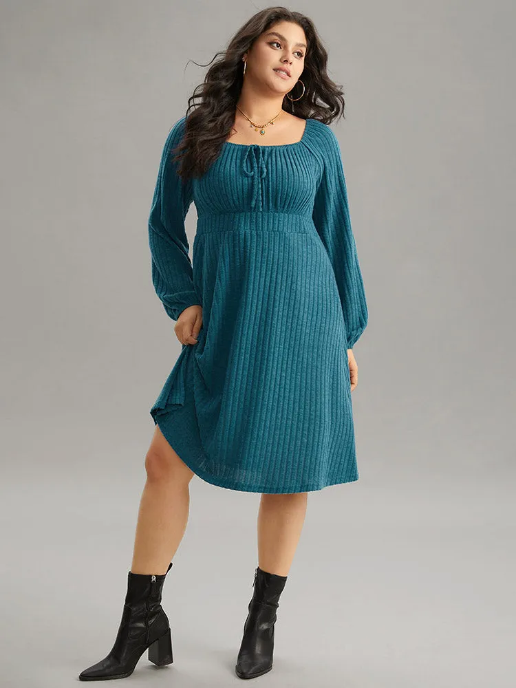 Rib Knit Ties Square Neck Lantern Sleeve Dress sold by Bloomchic