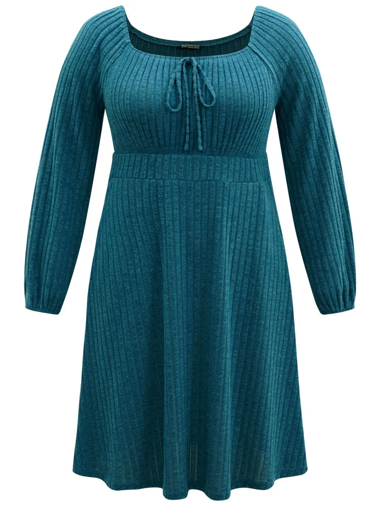 Rib Knit Ties Square Neck Lantern Sleeve Dress sold by Bloomchic product image thumbnail 5