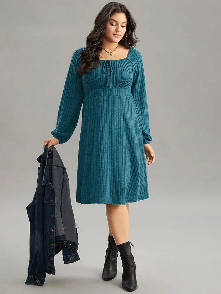 Rib Knit Ties Square Neck Lantern Sleeve Dress sold by Bloomchic product image thumbnail 2