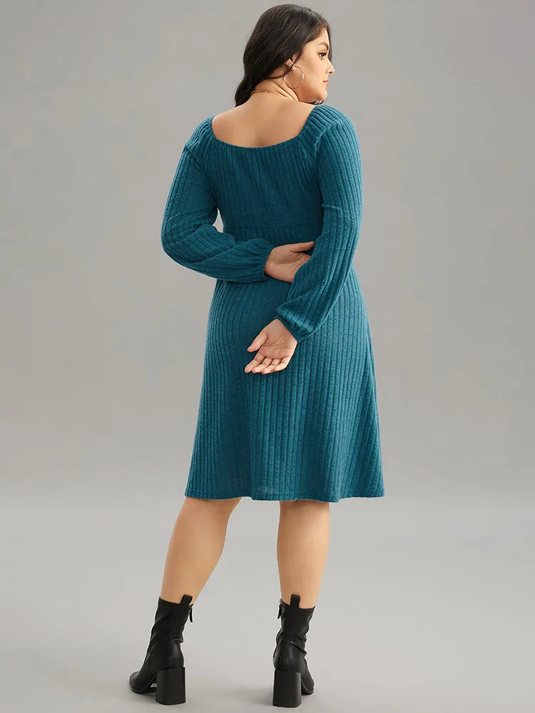Rib Knit Ties Square Neck Lantern Sleeve Dress sold by Bloomchic product image thumbnail 3