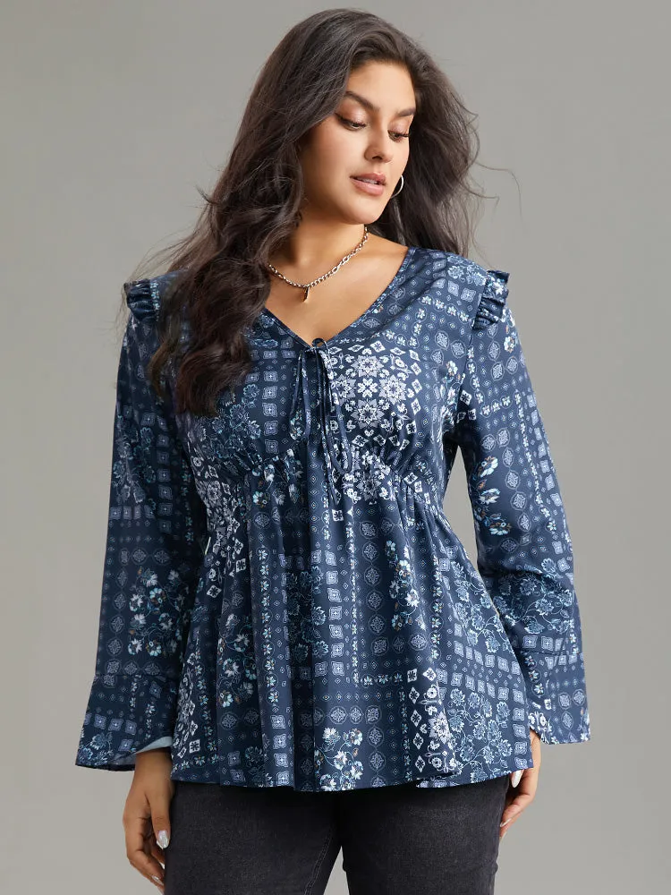 Bandana Print Bowknot Frill Trim Blouse sold by Bloomchic