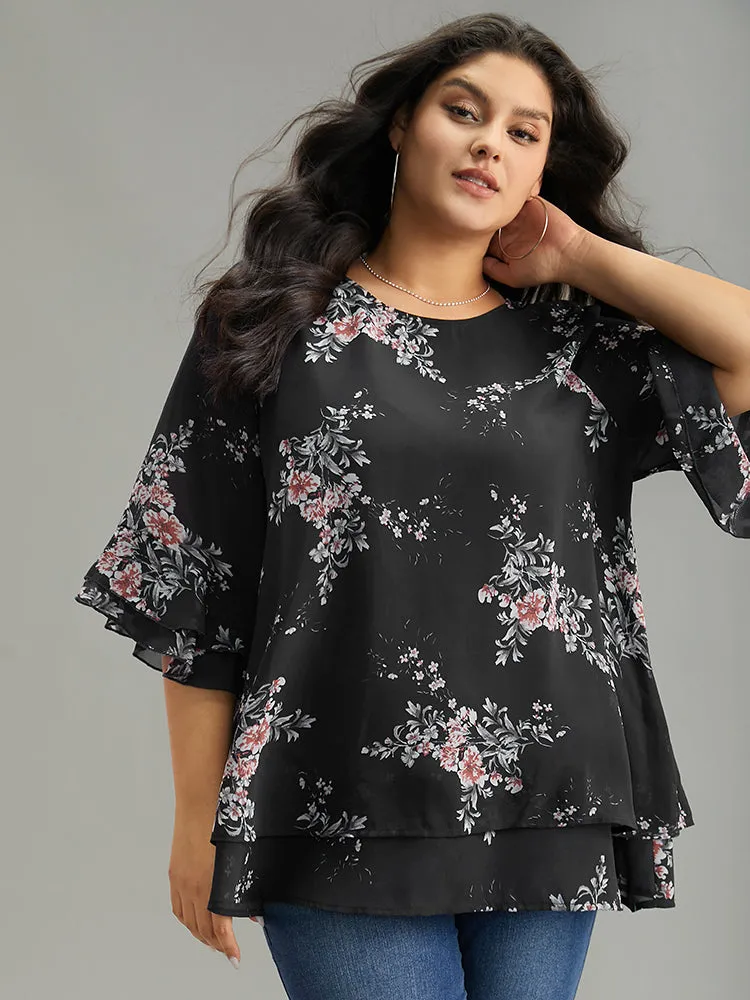 Floral Chiffon Ruffle Sleeve Mesh Patchwork Blouse sold by Bloomchic product image thumbnail 2