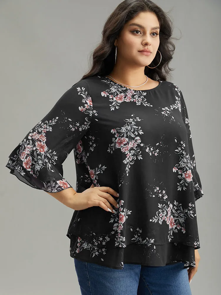 Floral Chiffon Ruffle Sleeve Mesh Patchwork Blouse sold by Bloomchic product image thumbnail 3