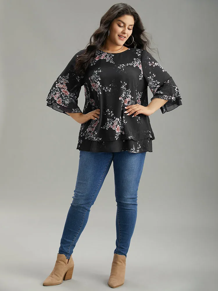 Floral Chiffon Ruffle Sleeve Mesh Patchwork Blouse sold by Bloomchic product image thumbnail 4