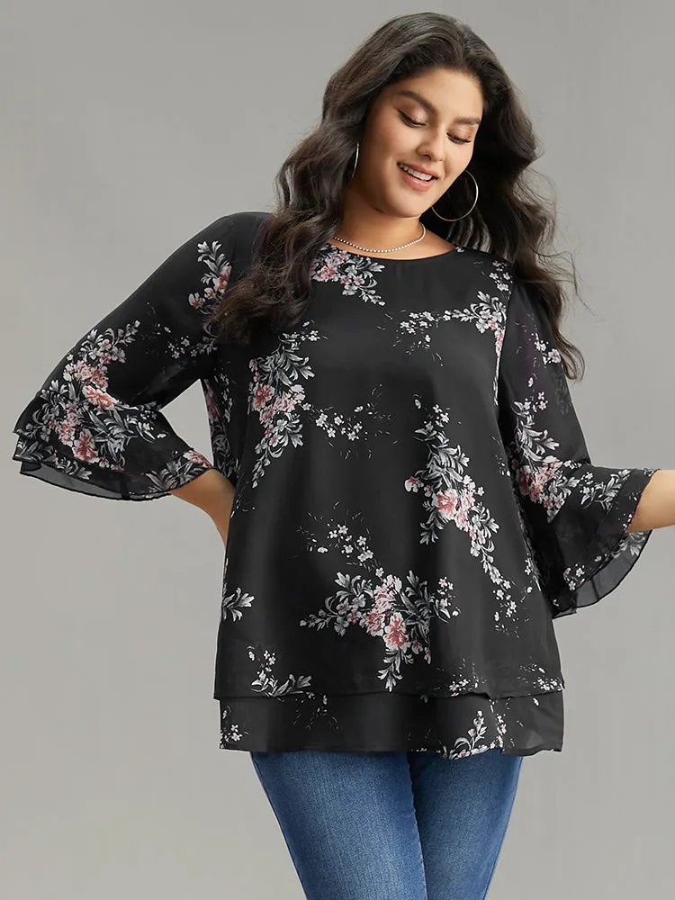 Floral Chiffon Ruffle Sleeve Mesh Patchwork Blouse sold by Bloomchic