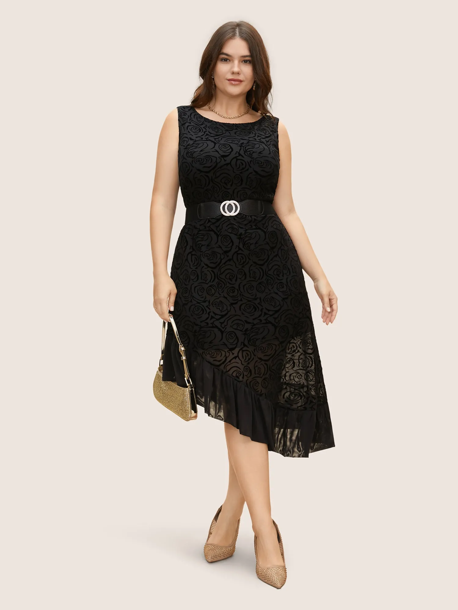 Rose Flocking Mesh Boat Neck Ruffles Dress sold by Bloomchic