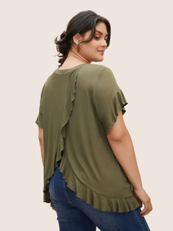 Round Neck Back Wrap Ruffles T-shirt sold by Bloomchic