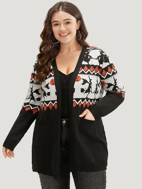Halloween Geo & Witch Print Open Front Cardigan sold by Bloomchic