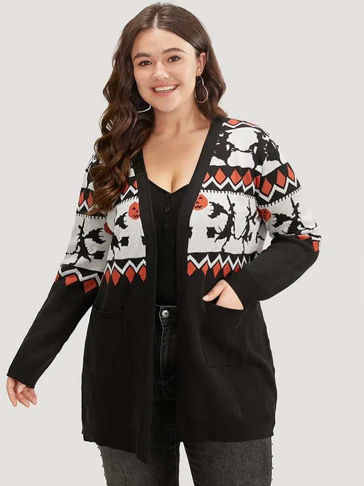 Halloween Geo & Witch Print Open Front Cardigan sold by Bloomchic